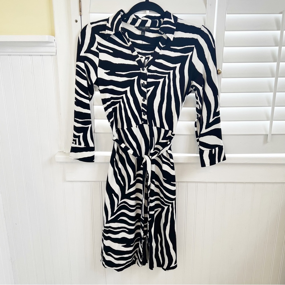 Talbots NWT Black & White Zebra Stripe Belted Dress Size Small Petite